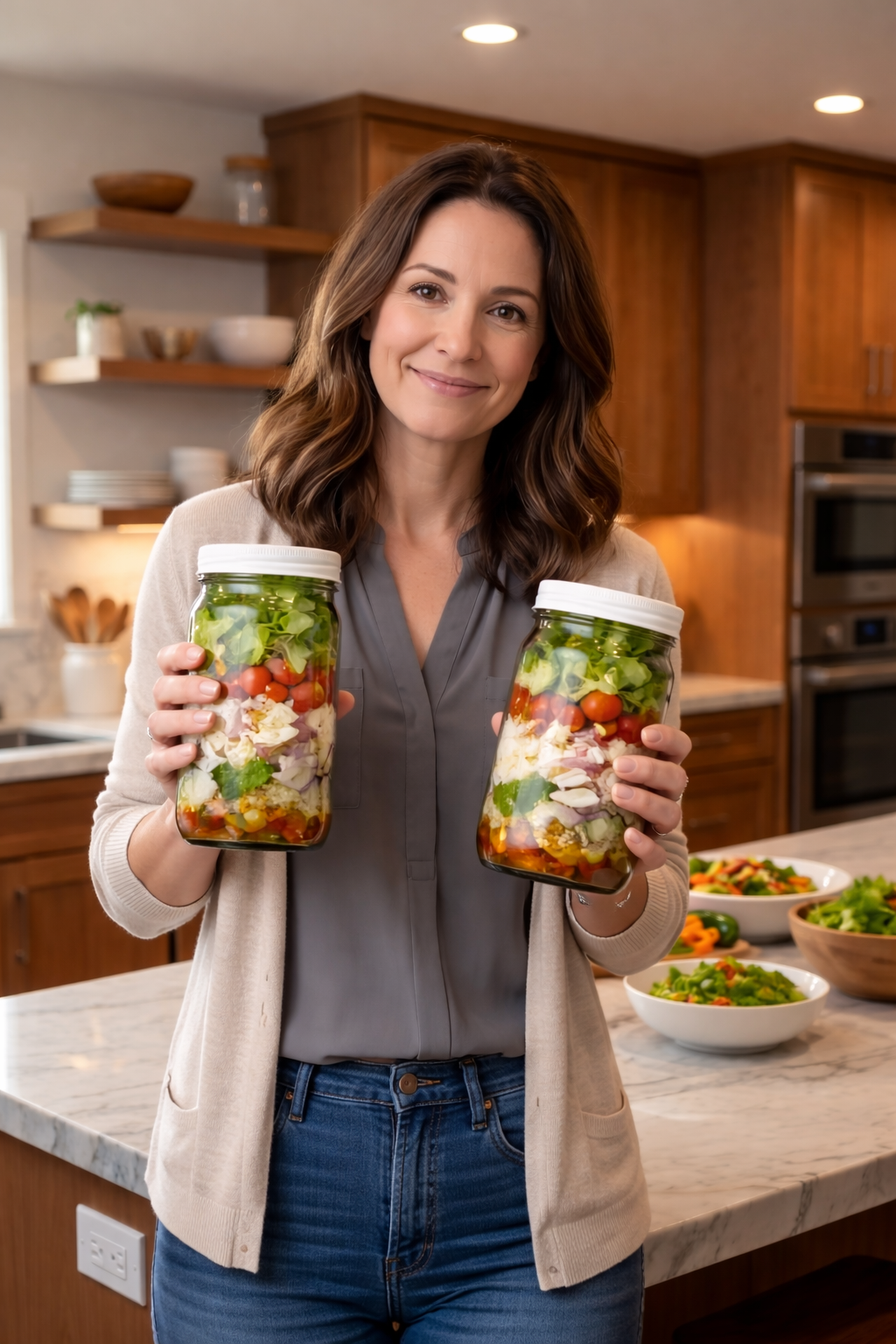 Nutritionist Julia holding two salad jars in the kitchen